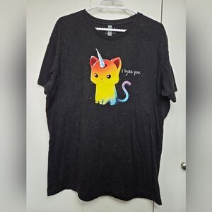 🌷Teeturtle Women's XL "I Hate You" Black Graphic Rainbow Unicorn Cat Crewneck